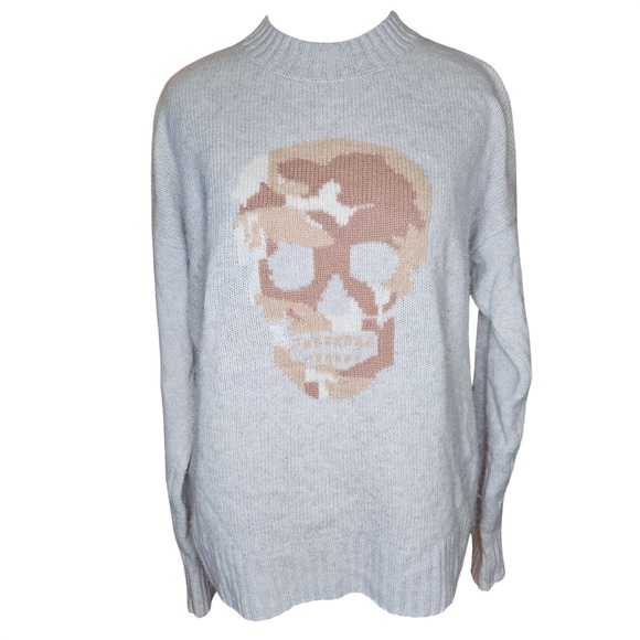 Skull Cashmere Sweaters - Skull Cashmere Sweater Womens Medium Gray With Beige Skull Wool Cashmere Blend